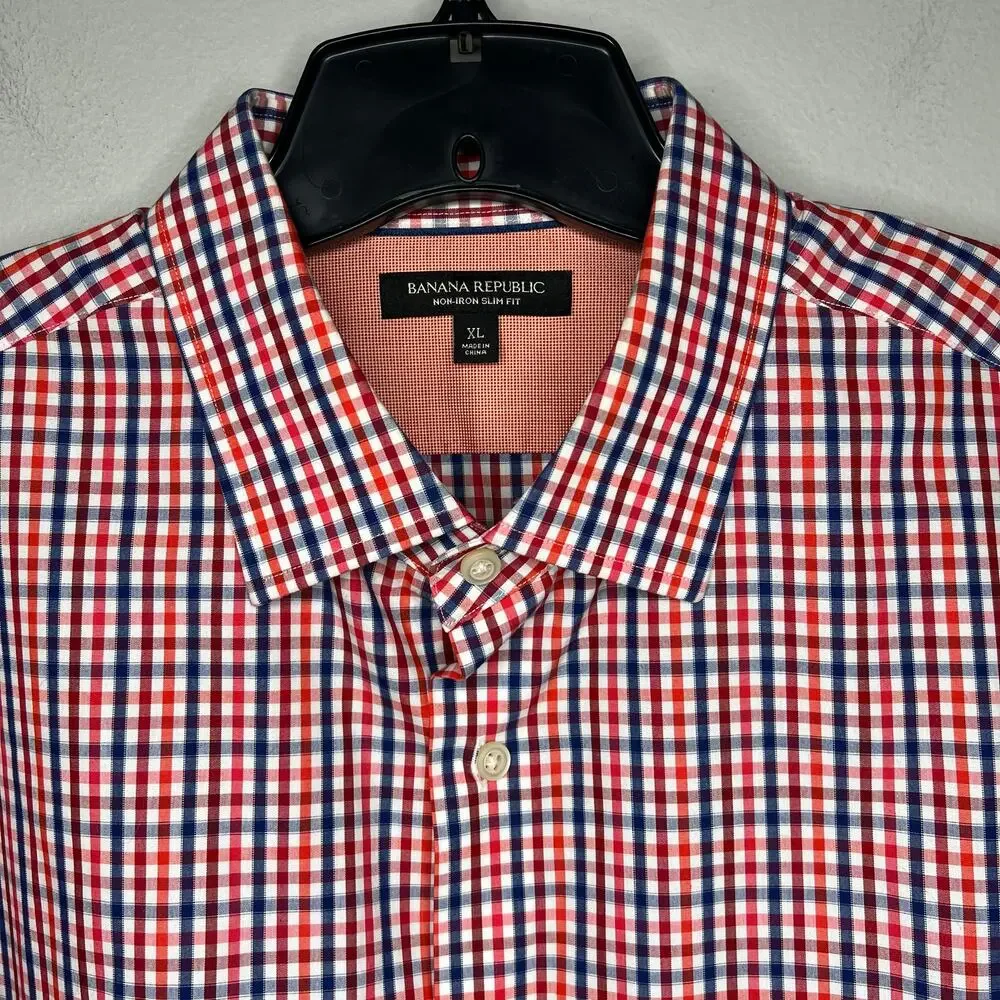 Banana Republic Button Dress Shirt Men XL Red Blue Check Plaid Non Iron Slim Fit